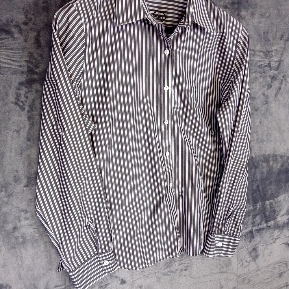 Foxcroft Shirt Womens 16 Black White Stripe Non Iron Fitted Button Front Dress - Picture 7 of 9